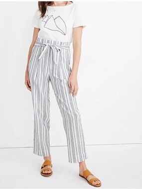 Madewell Linen-Cotton Paperbag Pants in Dark Baltic Stripe - Size 10